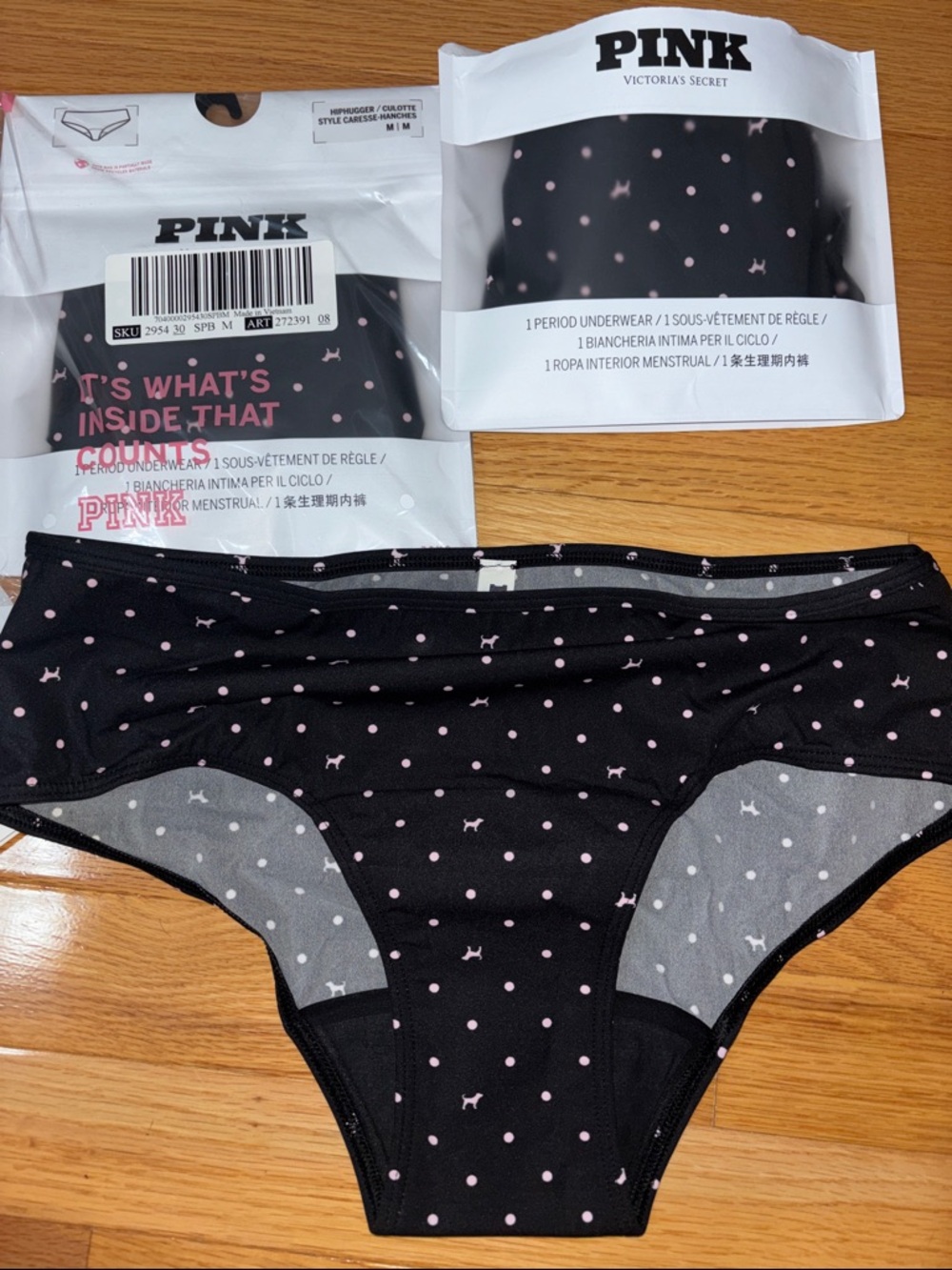 NWT PINK Victoria's Secret Black Period Underwear with Pink Polka Dots